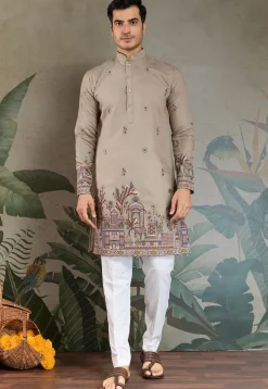 Embroidered Viscose Silk Kurta in Grey