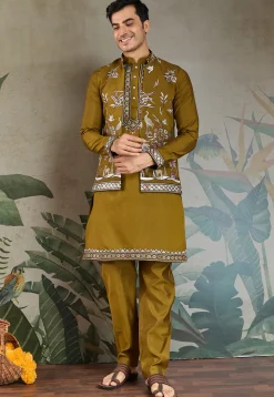 Embroidered Viscose Silk Kurta Set in Olive Green