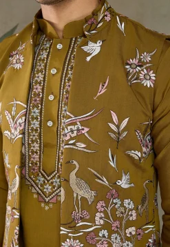 Embroidered Viscose Silk Kurta Set in Olive Green