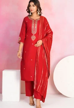 Embroidered Viscose Silk Pakistani Suit in Red