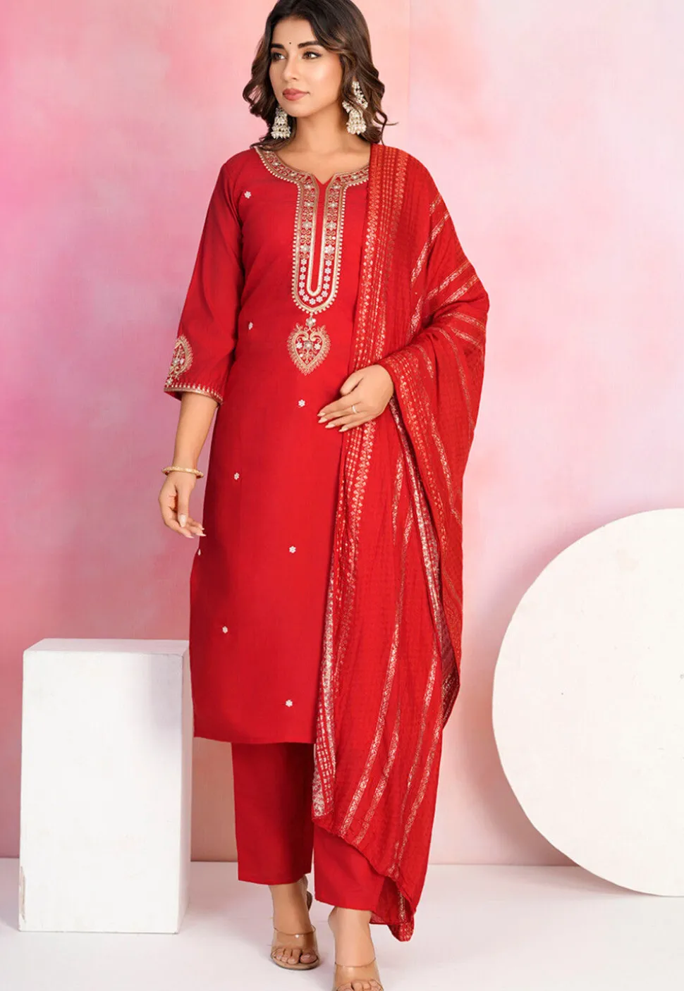 Embroidered Viscose Silk Pakistani Suit in Red