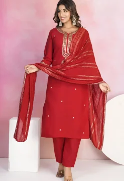 Embroidered Viscose Silk Pakistani Suit in Red