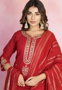 Embroidered Viscose Silk Pakistani Suit in Red