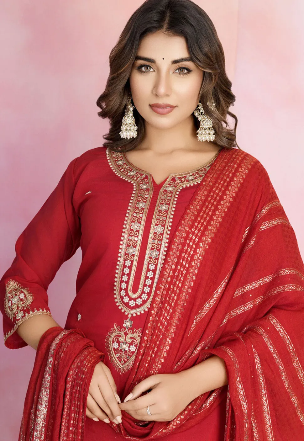 Embroidered Viscose Silk Pakistani Suit in Red