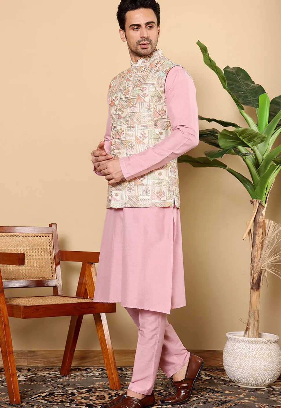 Embroidered Viscose Silk Kurta Set in Pink and Off White