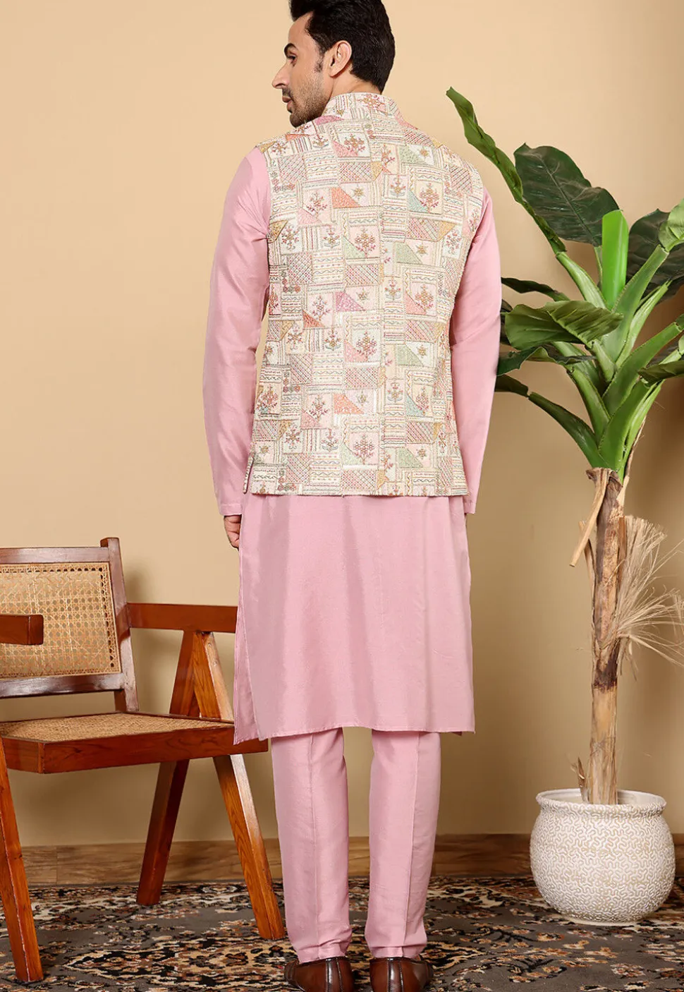 Embroidered Viscose Silk Kurta Set in Pink and Off White