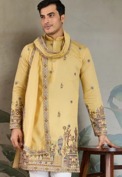 Embroidered Viscose Silk Kurta in Yellow