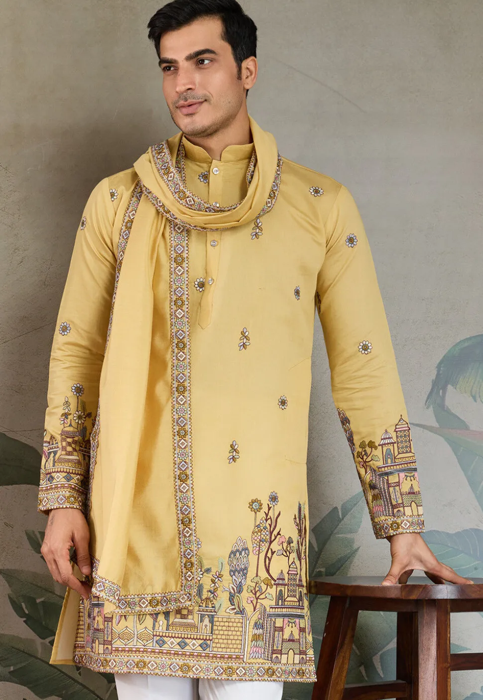 Embroidered Viscose Silk Kurta in Yellow