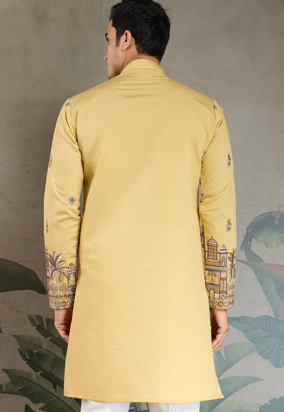 Embroidered Viscose Silk Kurta in Yellow