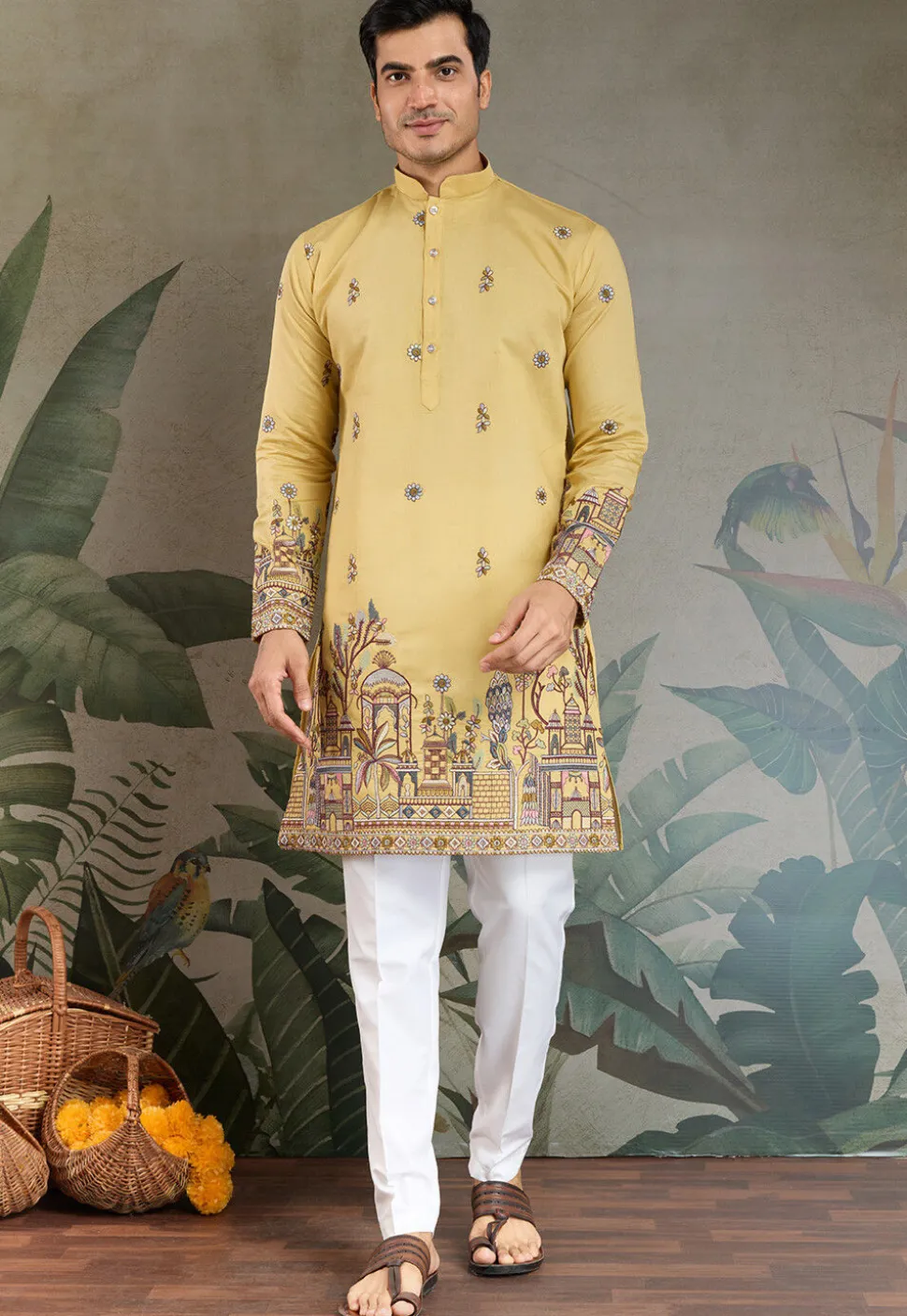 Embroidered Viscose Silk Kurta in Yellow
