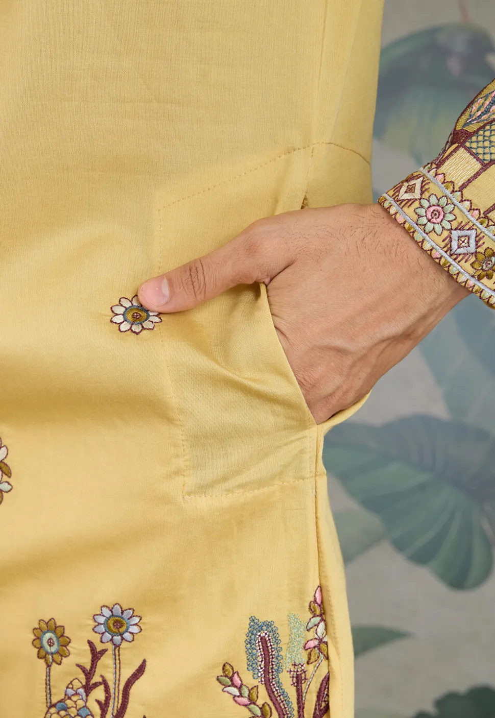 Embroidered Viscose Silk Kurta in Yellow
