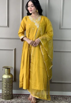 Embroidered Viscose Silk A Line Suit in Mustard