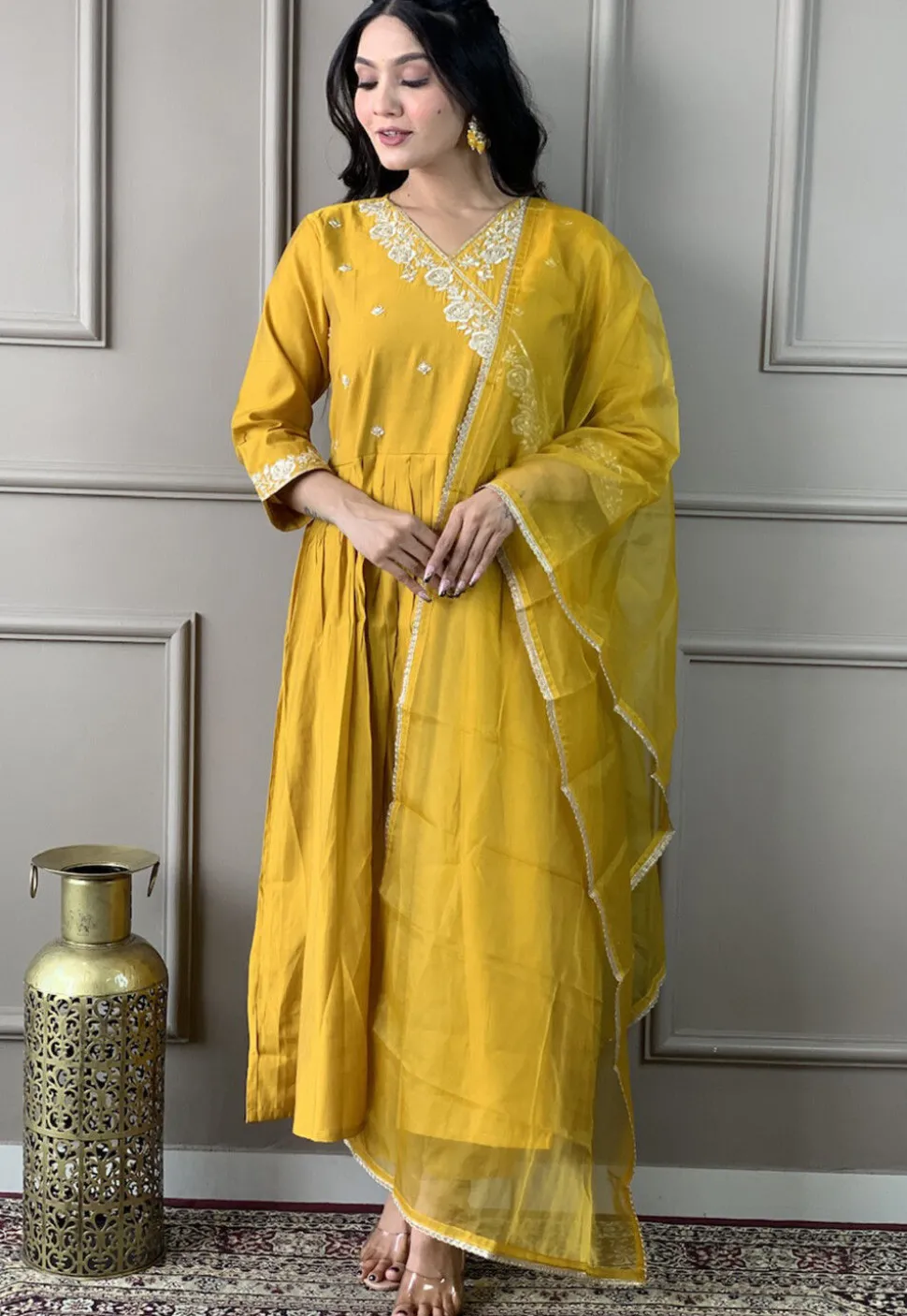 Embroidered Viscose Silk A Line Suit in Mustard