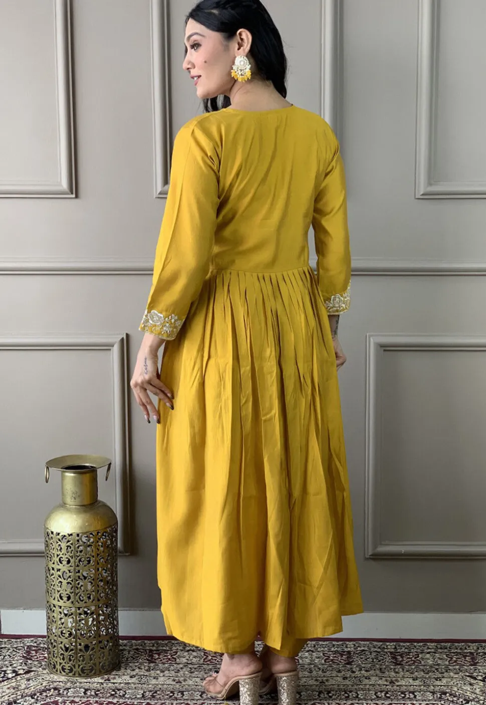 Embroidered Viscose Silk A Line Suit in Mustard