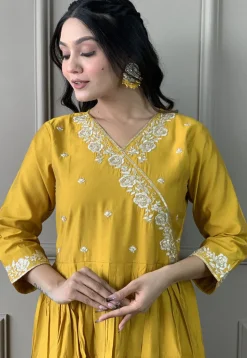 Embroidered Viscose Silk A Line Suit in Mustard