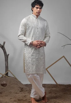 Embroidered Viscose Silk Kurta Set in Off White