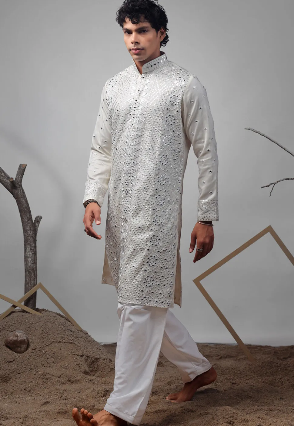 Embroidered Viscose Silk Kurta Set in Off White