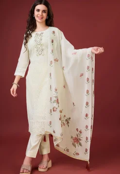 Embroidered Viscose Silk Pakistani Suit in Off White