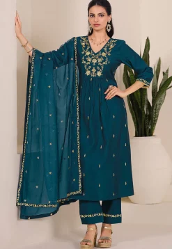 Embroidered Viscose Silk Pakistani Suit in Teal Blue