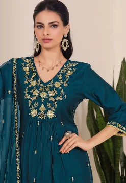 Embroidered Viscose Silk Pakistani Suit in Teal Blue
