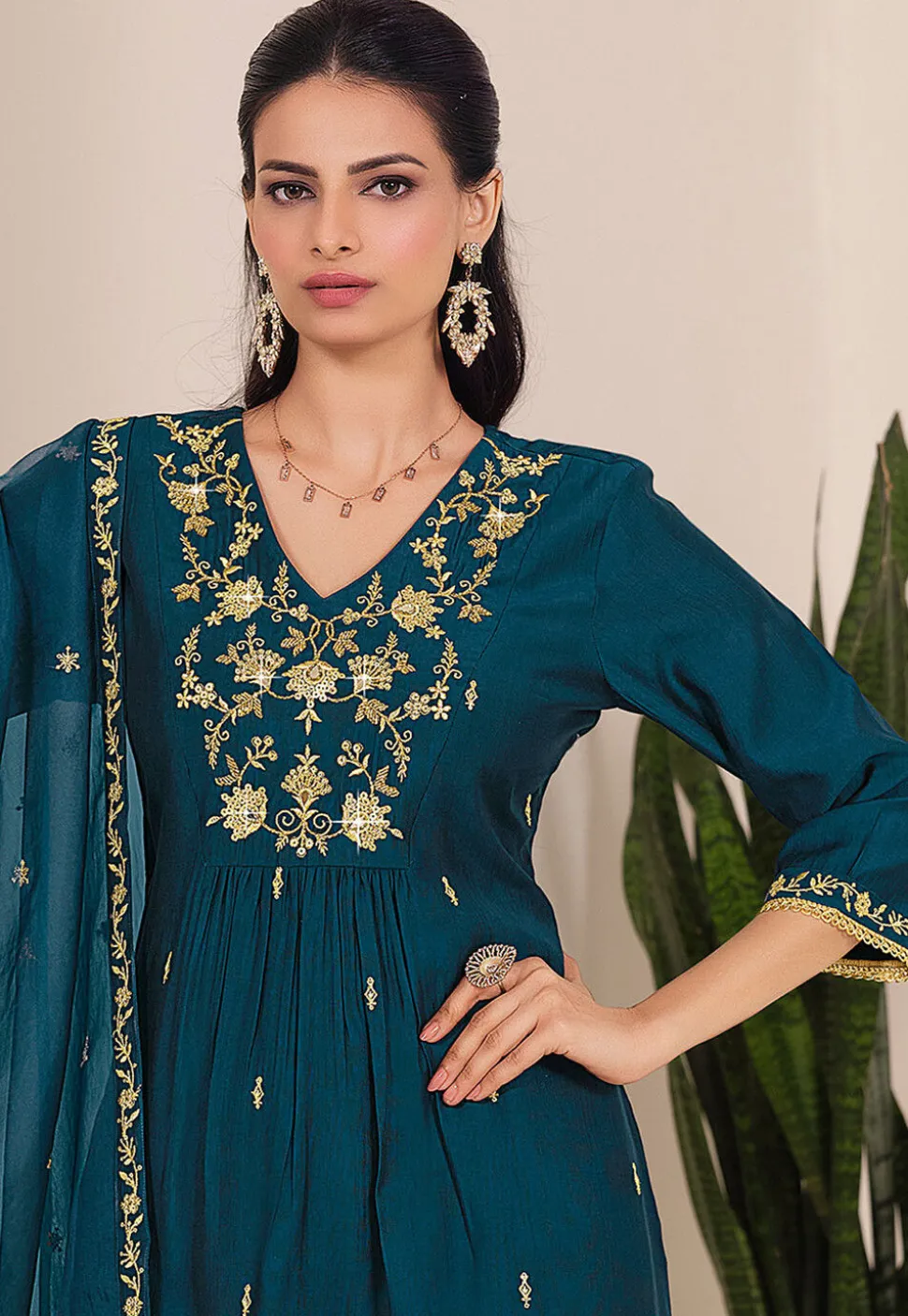 Embroidered Viscose Silk Pakistani Suit in Teal Blue