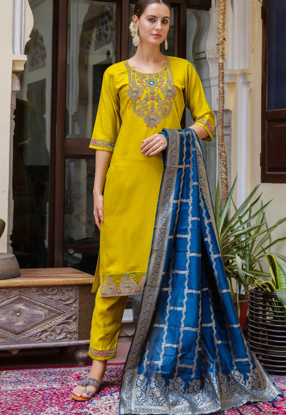 Embroidered Viscose Silk Pakistani Suit in Yellow