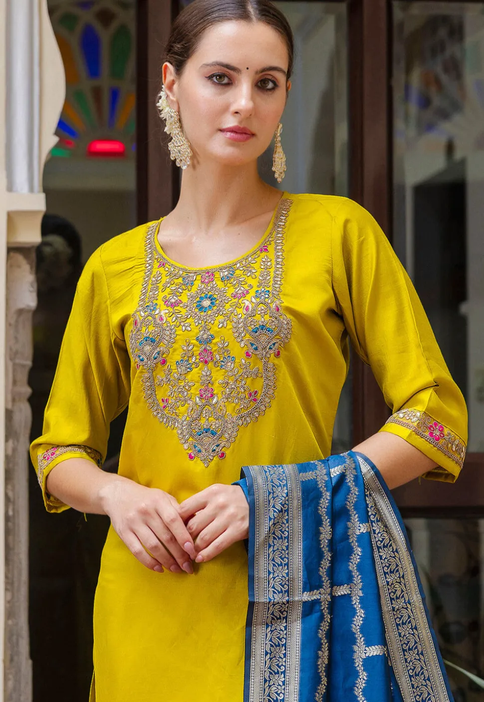 Embroidered Viscose Silk Pakistani Suit in Yellow