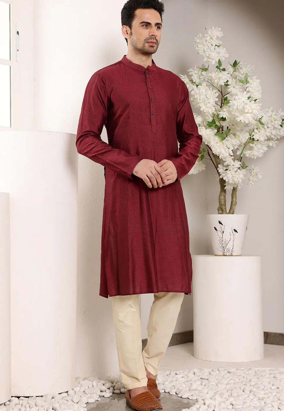 Embroidered Viscose Silk Kurta in Maroon
