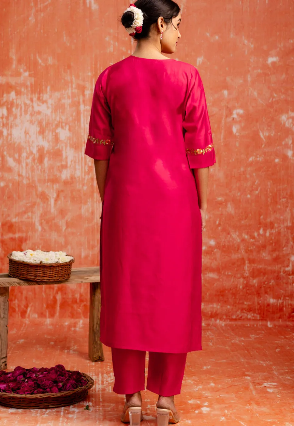 Embroidered Viscose Silk Pakistani Suit in Fuchsia