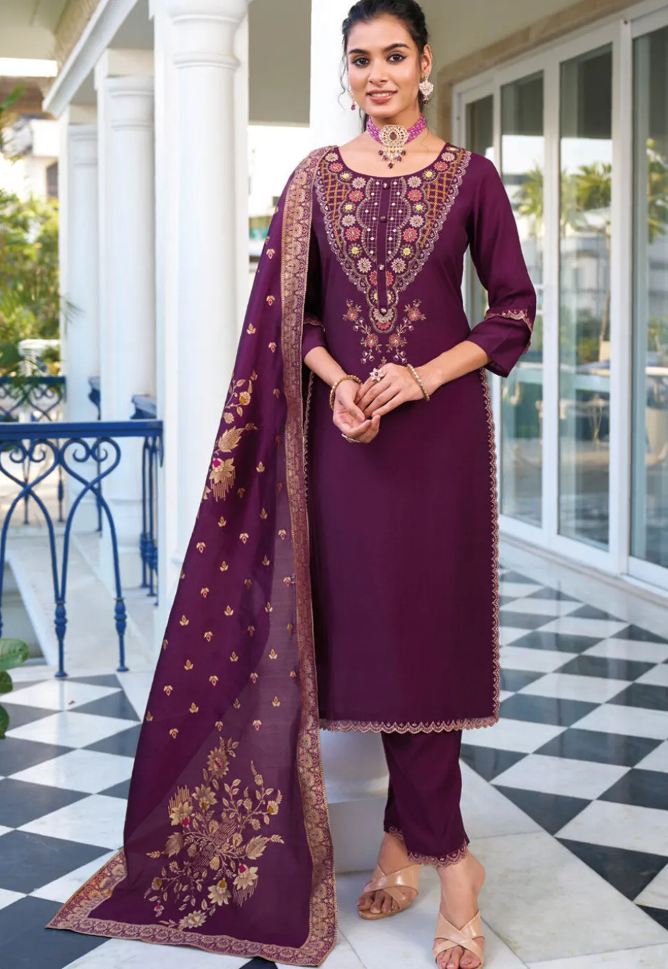 Embroidered Viscose Silk Pakistani Suit in Purple