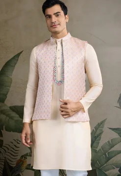 Embroidered Viscose Silk Kurta in Beige