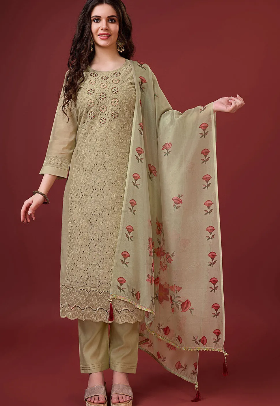 Embroidered Viscose Silk Pakistani Suit in Beige