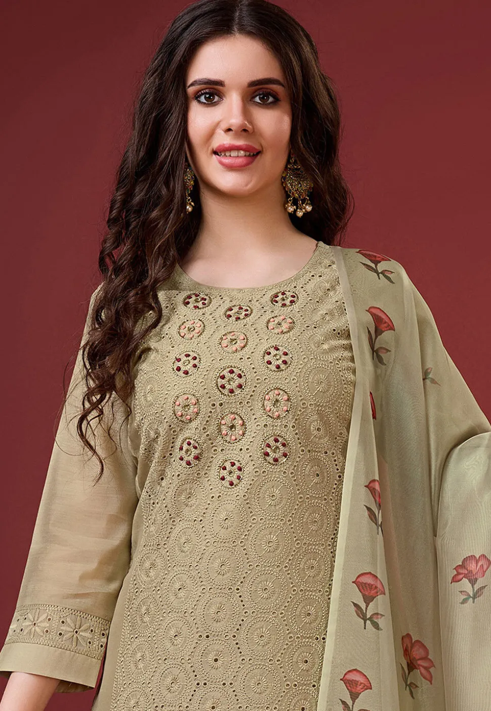 Embroidered Viscose Silk Pakistani Suit in Beige