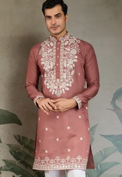 Embroidered Viscose Silk Kurta in Peach