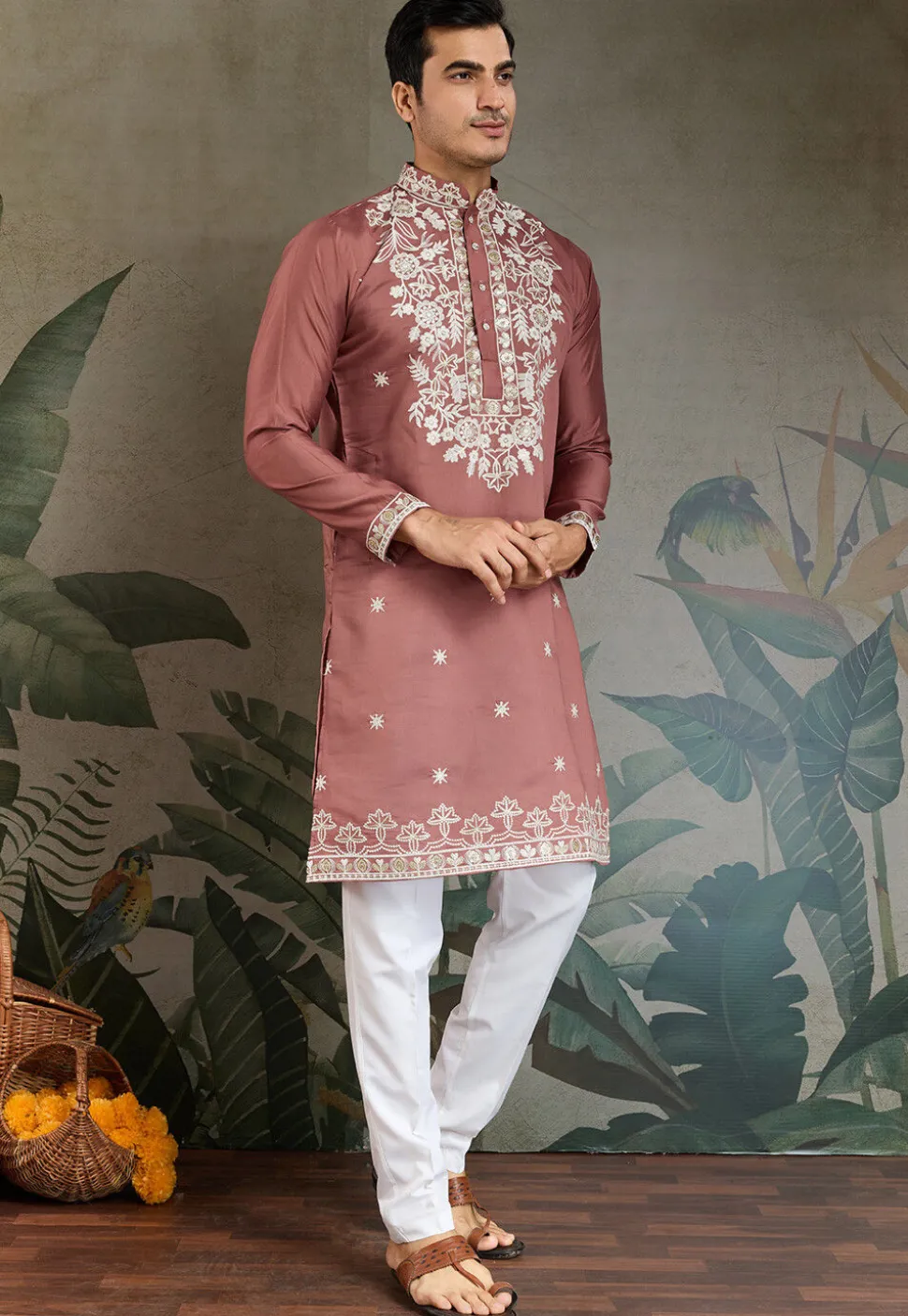 Embroidered Viscose Silk Kurta in Peach