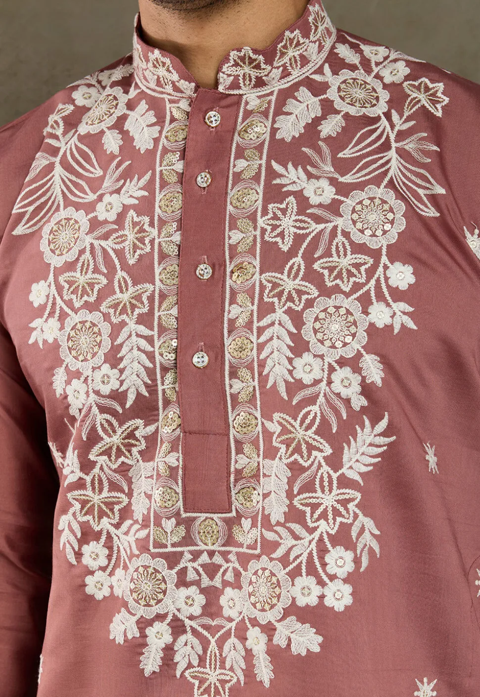 Embroidered Viscose Silk Kurta in Peach
