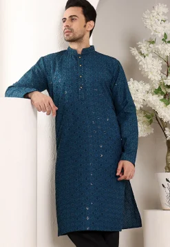 Embroidered Viscose Silk Kurta in Teal Blue