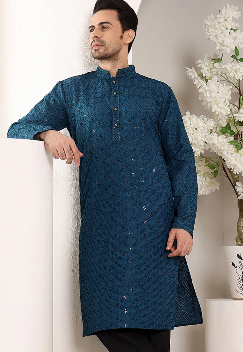 Embroidered Viscose Silk Kurta in Teal Blue