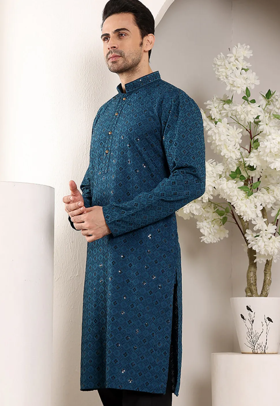 Embroidered Viscose Silk Kurta in Teal Blue