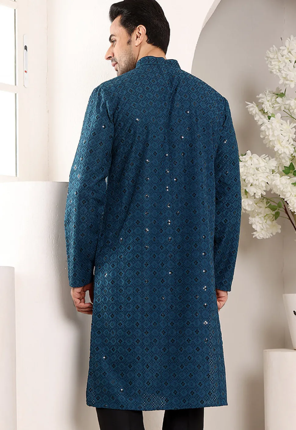 Embroidered Viscose Silk Kurta in Teal Blue
