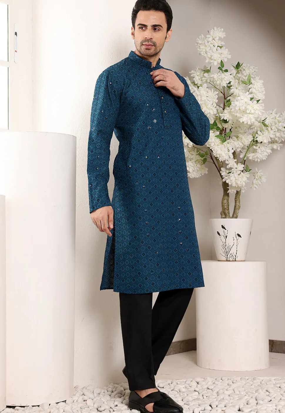 Embroidered Viscose Silk Kurta in Teal Blue