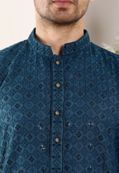 Embroidered Viscose Silk Kurta in Teal Blue