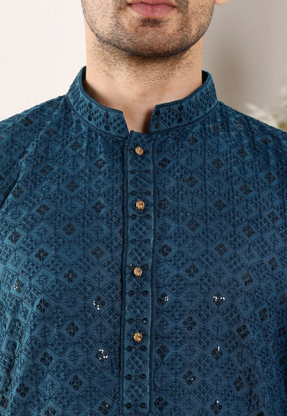 Embroidered Viscose Silk Kurta in Teal Blue