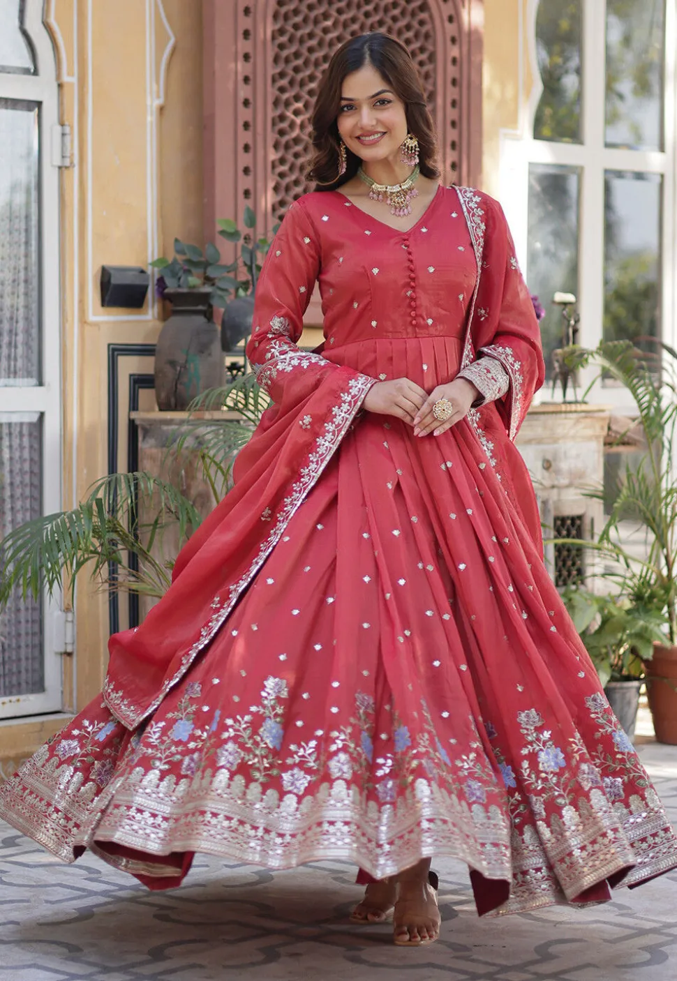Embroidered Viscose Silk Abaya Style Suit in Red