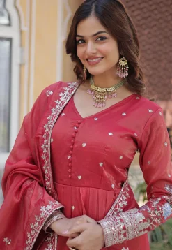 Embroidered Viscose Silk Abaya Style Suit in Red