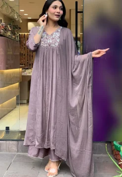 Embroidered Viscose Silk A Line Suit in Dusty Purple