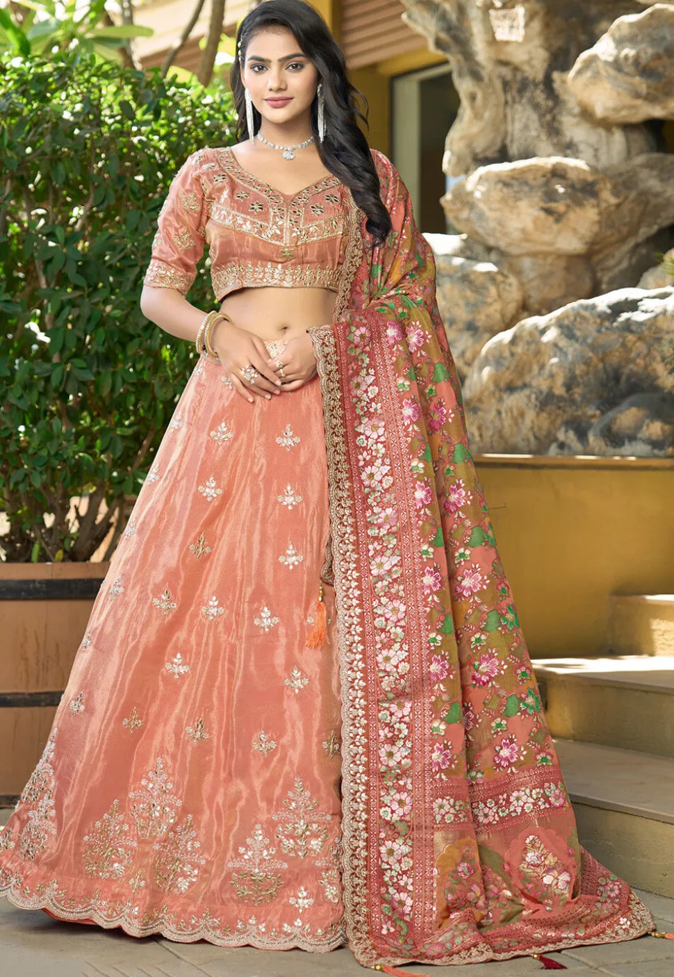 Embroidered Viscose Silk Lehenga in Peach
