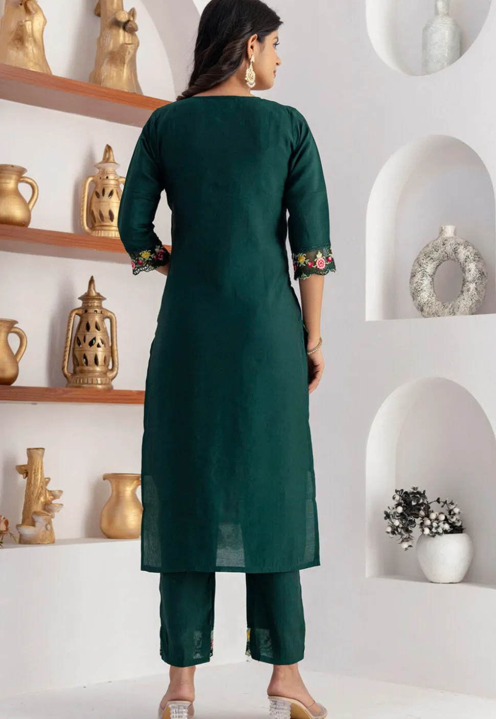 Embroidered Viscose Silk Pakistani Suit in Green