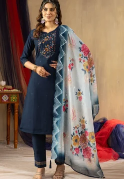 Embroidered Viscose Silk Pakistani Suit in Teal Blue