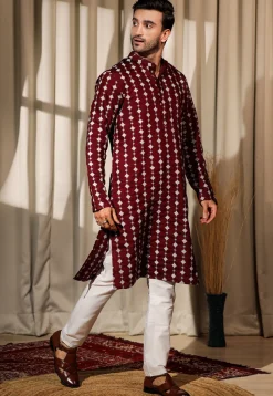Embroidered Viscose Silk Kurta Set in Maroon